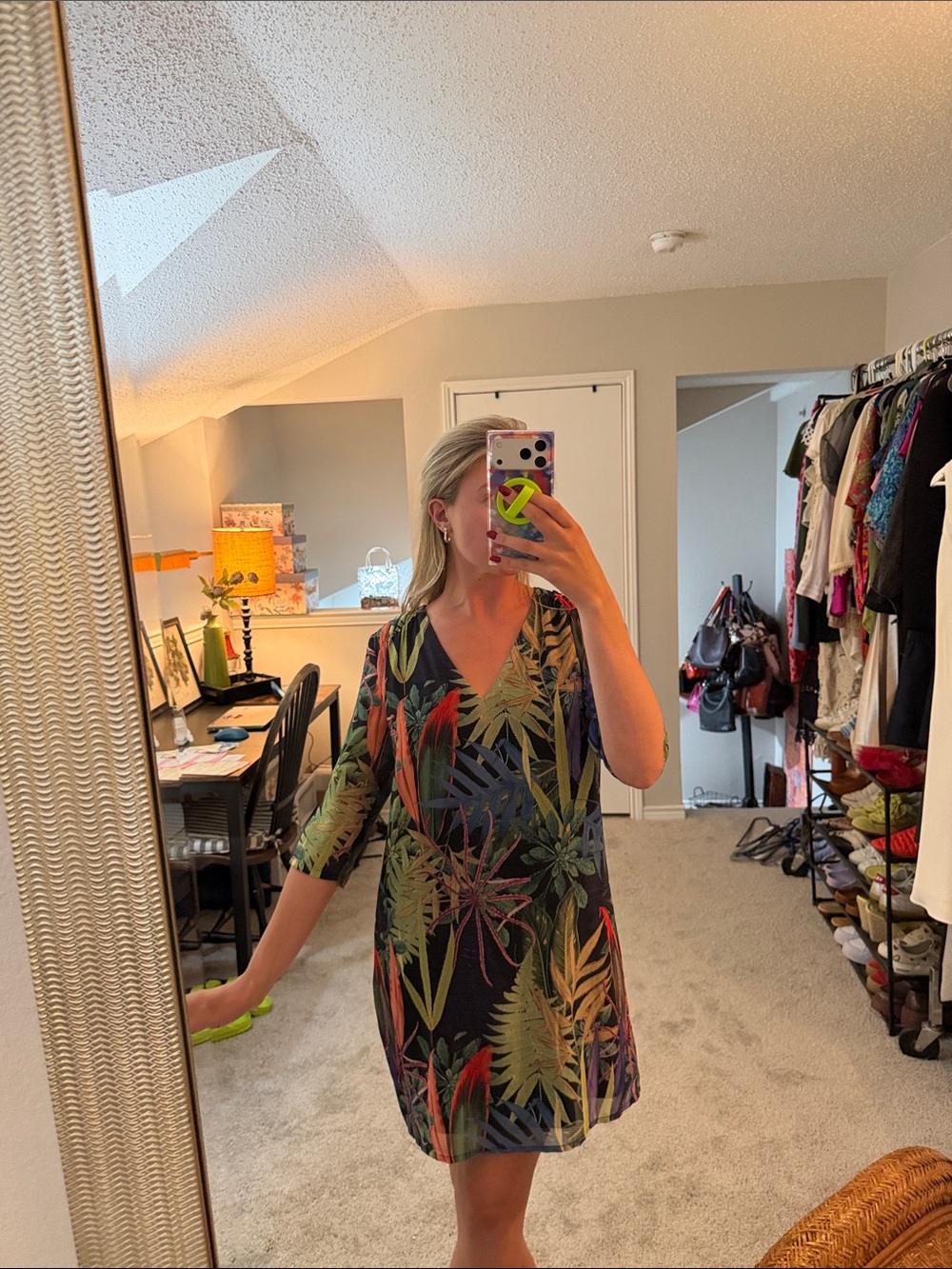 Tropical V-Neck Shift Dress - Multicolor Leaf Print